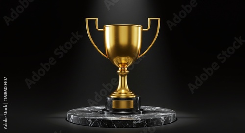 A gleaming golden trophy cup stands proudly on a dark marble pedestal under a brilliant spotlight, symbolizing victory, success, and achievement.