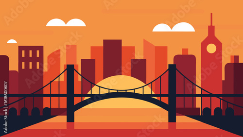 Iconic Aerial View of a City with a Major Bridge at Sunset