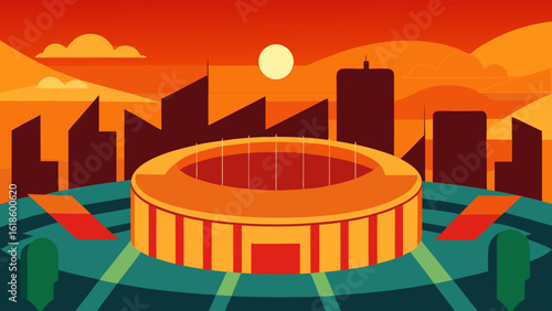 Golden Hour Aerial View of a City with a Large Stadium at Sunset