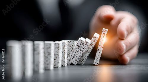 Businessman hand stopping falling domino effect, symbol of risk management, leadership, crisis control, decision-making, prevention strategy, and protection from financial failure.