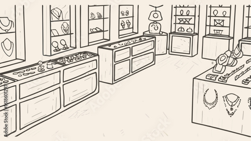 Sketch of a jewelry store interior with display cases and shelves showcasing necklaces earrings and rings items | editable eps vectors silhouette