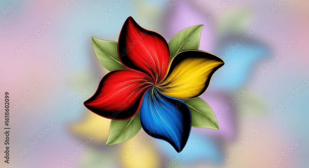 Obraz premium Vibrant multi colored flower with green leaves isolated on transparent background