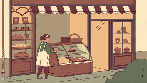 Charming Vintage Bakery Shop Illustration Cartoon Style Pastry Display Case Woman Baker Bread Sweets Store Front