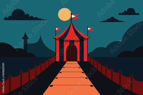  a vibrant circus tent stands at the end of a long bridge under the moonlight vector illustration
