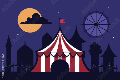  a vibrant circus tent stands tall under a starry night sky with a full moon, vector illustration