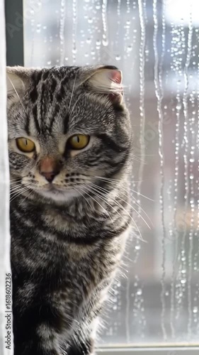 A calm domestic cat sitting on a window ledge, quietly watching raindrops trickle down the glass