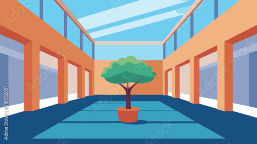Empty Sun Drenched Atrium with a Single Potted Plant