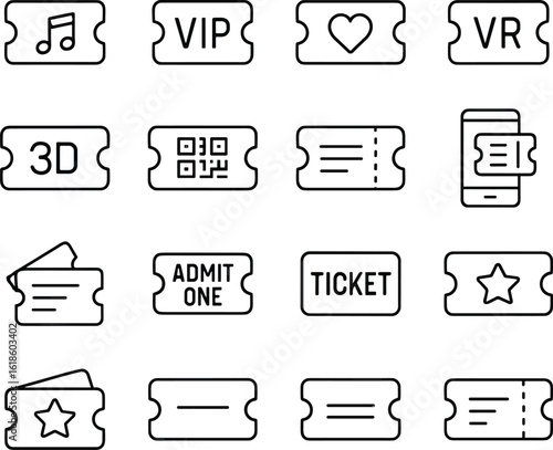 Collection of minimalist icon tickets representing music vip 3d vr and various entertainment event concepts