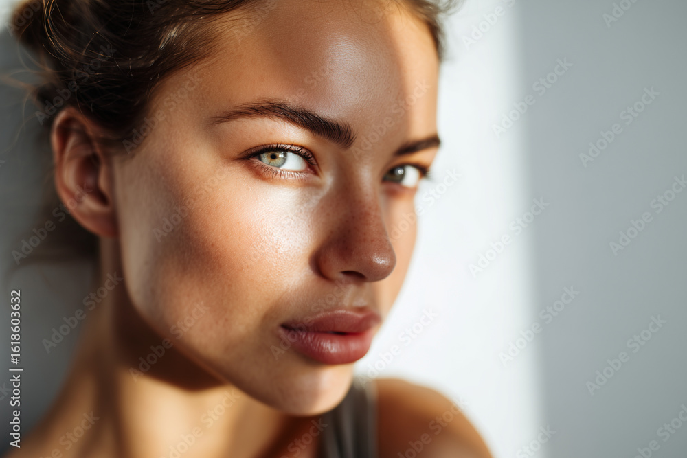 Fototapeta premium Close-up portrait of a young woman with clear skin and striking green eyes in natural sunlight
