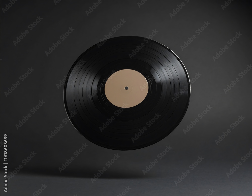 Fototapeta premium Floating black vinyl record on dark background