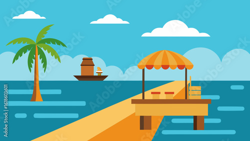 Vibrant Beachfront Boardwalk with Food Stalls and Palm Trees