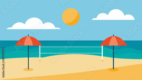 Beach Volleyball Court with Net Sand and Sun Umbrella
