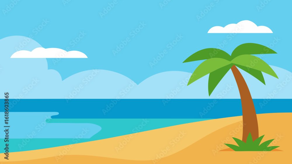 Fototapeta premium Cartoon Beach Scene with Flat Sea Palm Tree and Sunny Sky
