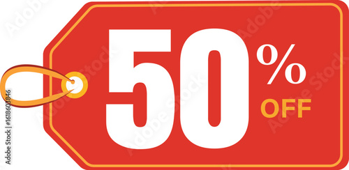 Red Price Tag Showing 50 Percent Off with Yellow String fifty percent