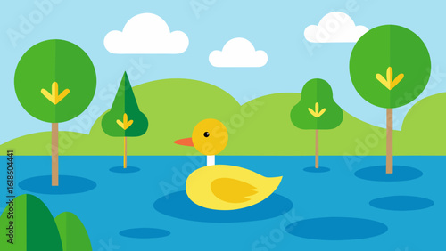 Cartoon Lake Scene with Duck Lily Pads and Simple Trees