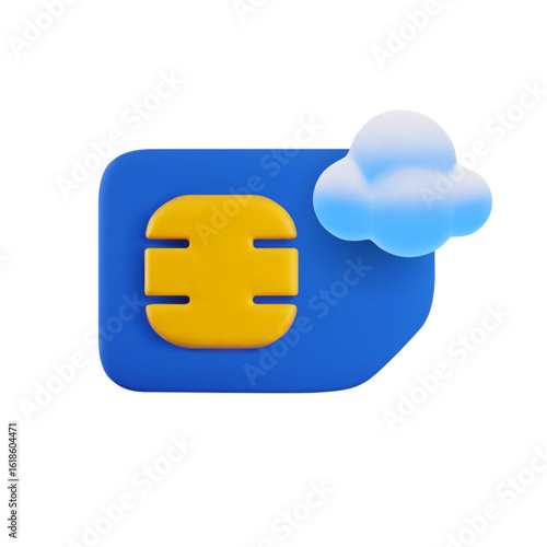 Vector cartoon 3d eSim card icon. Minimal realistic 3d render of blue cloud and gsm SIM card with golden circuit chip. Communication technology illustration, gsm network electronic SIM concept.