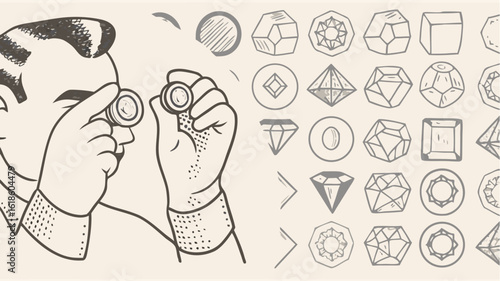 Illustration of a man examining gems with a loupe next to various gem shapes in a patterned arrangement | editable eps vectors silhouette