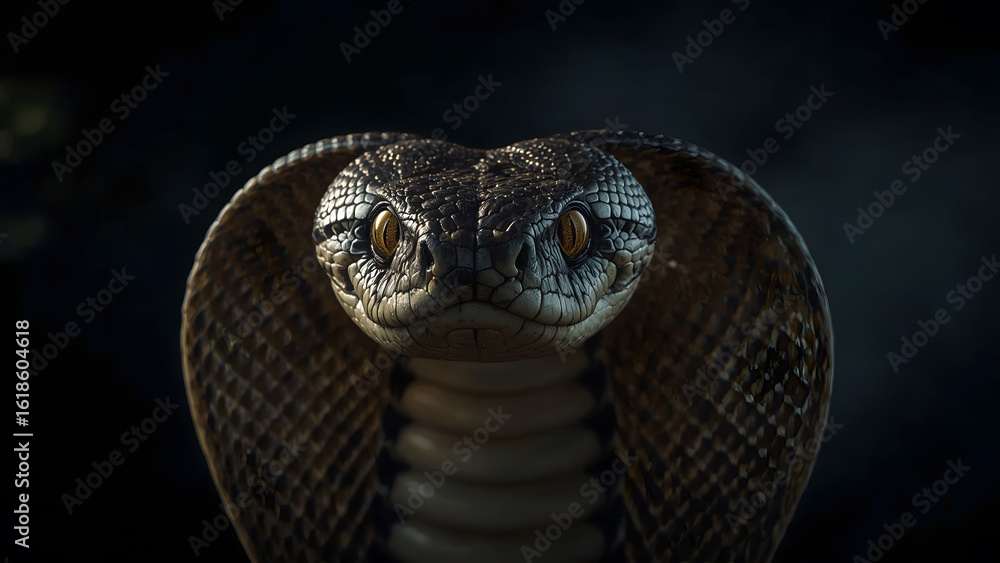 Fototapeta premium close-up of a snake majestic King Cobra with detailed scales and hypnotic eyes — perfect for wildlife documentaries and educational snake visuals