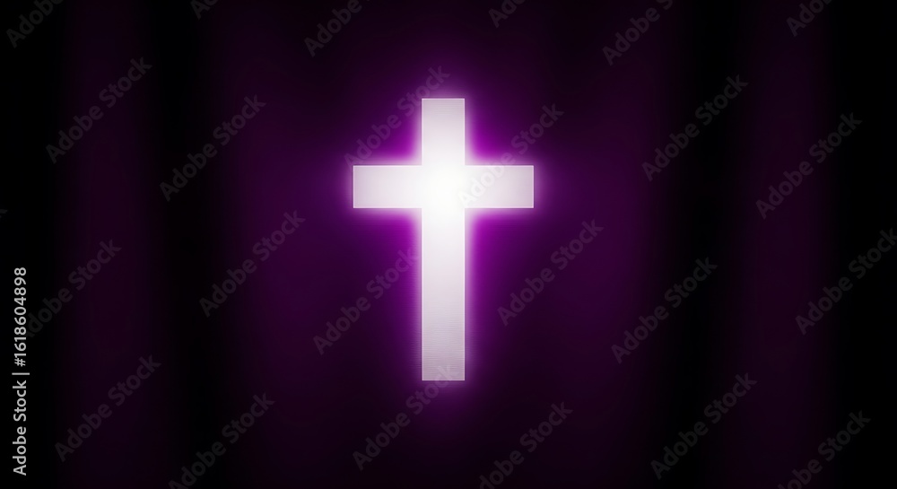 Fototapeta premium Glowing white cross on a dark purple background. The cross is brightly lit, creating a dramatic effect.