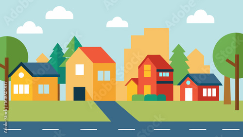 Colorful Cartoon Urban Neighborhood with Boxy Houses and Trees