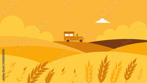 Golden Cartoon Wheat Field with Combine Harvester in the Distance