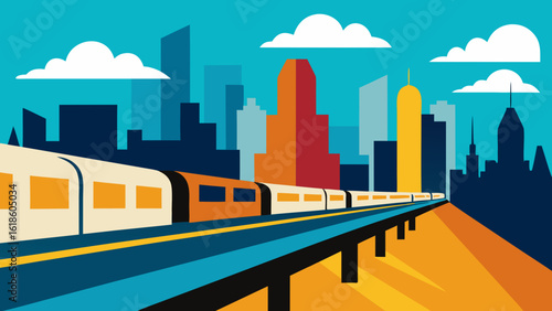 City Skyline as Seen from an Overpass Above a Railroad