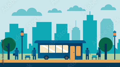 City Skyline with Metro Bus Stop and Commuters Waiting Patiently