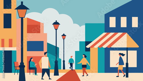 Charming City Street with Outdoor Cafes Lamp Posts and Pedestrians