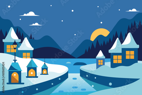  a peaceful winter night scene with snow covered houses near a river under moonlight vector illustration