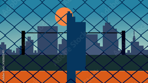 City View from Behind a Chain Link Fence and Basketball Court