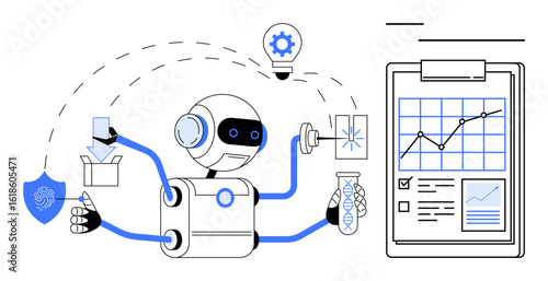 Robot conducting tasks with test tube, box, lightbulb idea, fingerprint shield, and chart analysis. Ideal for innovation, multitasking, AI technology automation research efficiency. Flat simple