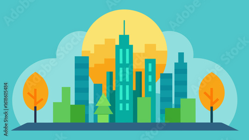Modern City with Mirrored Skyscrapers Bright Sun and Clear Clouds