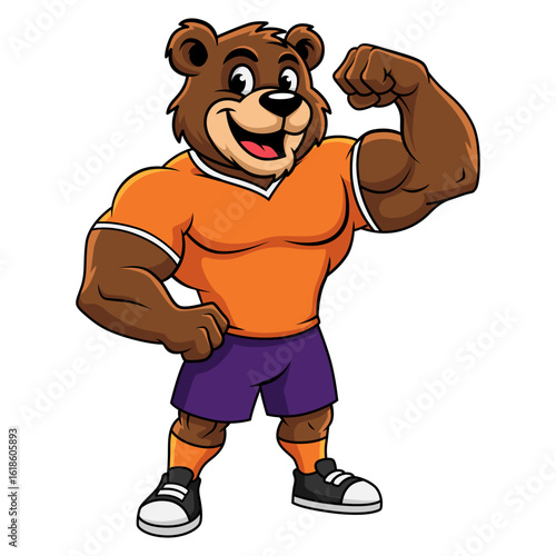 Vector illustration of a strong and happy bear flexing its muscles in an orange jersey. Cartoon style on a white background.