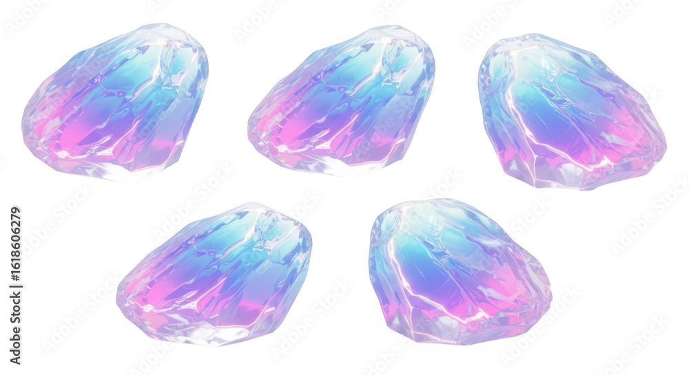 Naklejka premium Five colorful iridescent crystals are arranged on a white background with light reflection and a soft shadow effect ideal for digital art and design