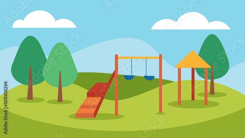 Quiet empty playground scene with slides swings and a colorful carousel