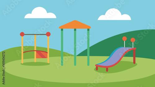 Quiet empty playground scene with slides swings and a colorful carousel