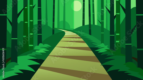 Serene flat bamboo forest path with gravel and lush green hues