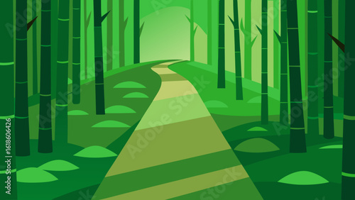 Serene flat bamboo forest path with gravel and lush green hues