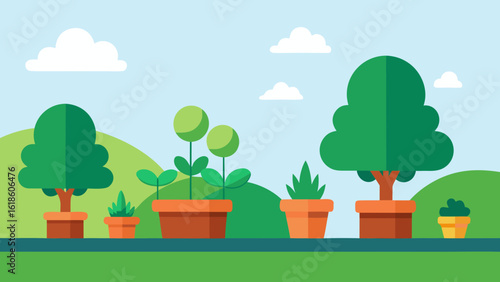 Charming flat cartoon garden with shrubs bushes and blooming flowers