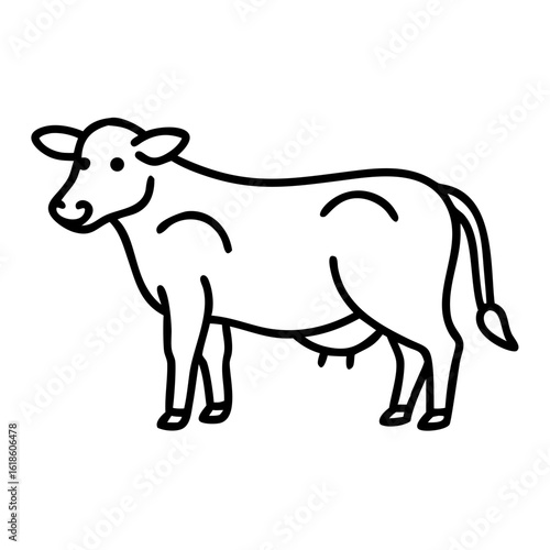 Line art illustration of a cow standing in a farm setting  