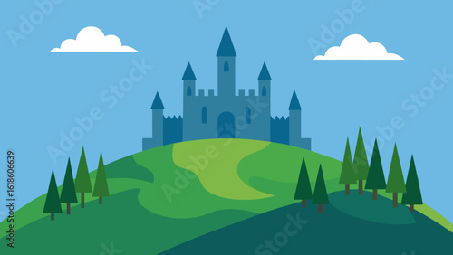Majestic flat castle skyline with imposing towers and hilltop placement