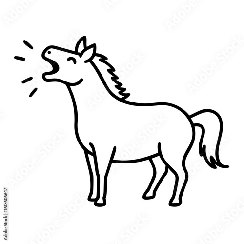 Horse neighing loudly in line art style on white background  