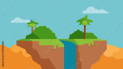 Dramatic flat cliff scene with a cascading waterfall rugged rocks and lush jungle