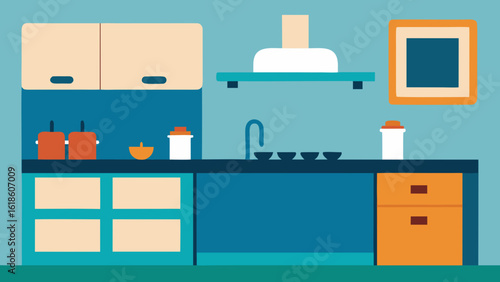 Functional flat kitchen interior with shelves stove and tiled backsplash