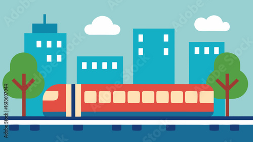 Dynamic flat metro train passing city buildings with green trees