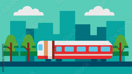Dynamic flat metro train passing city buildings with green trees
