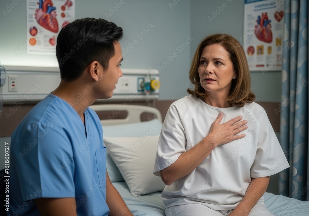 Medical consultation in hospital room with concerned middle-aged female patient and young male nurse Medical consultation in hospital room with concerned middle-aged female patient and young male nurse