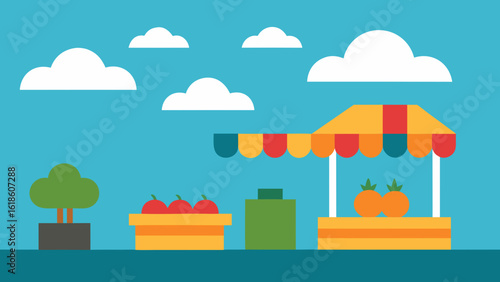 Vibrant flat outdoor market scene with bustling stalls and fruit baskets