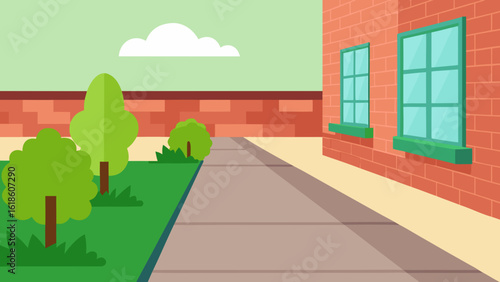 Clean flat outdoor sidewalk with neat bushes welcoming windows and brick wall