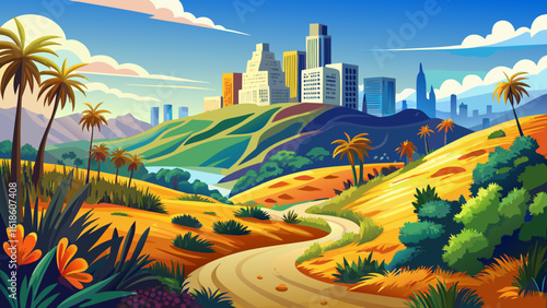 Scenic Runyon Canyon Park in Los Angeles. Dirt road winds through golden-brown grasses and palm trees. City view background under blue sky with clouds. Popular travel destination, nature 